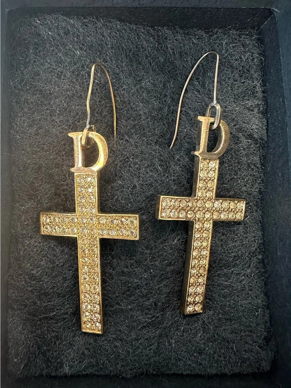 Dior Gold Crystal Cross Drop Earrings with 'D' Charm